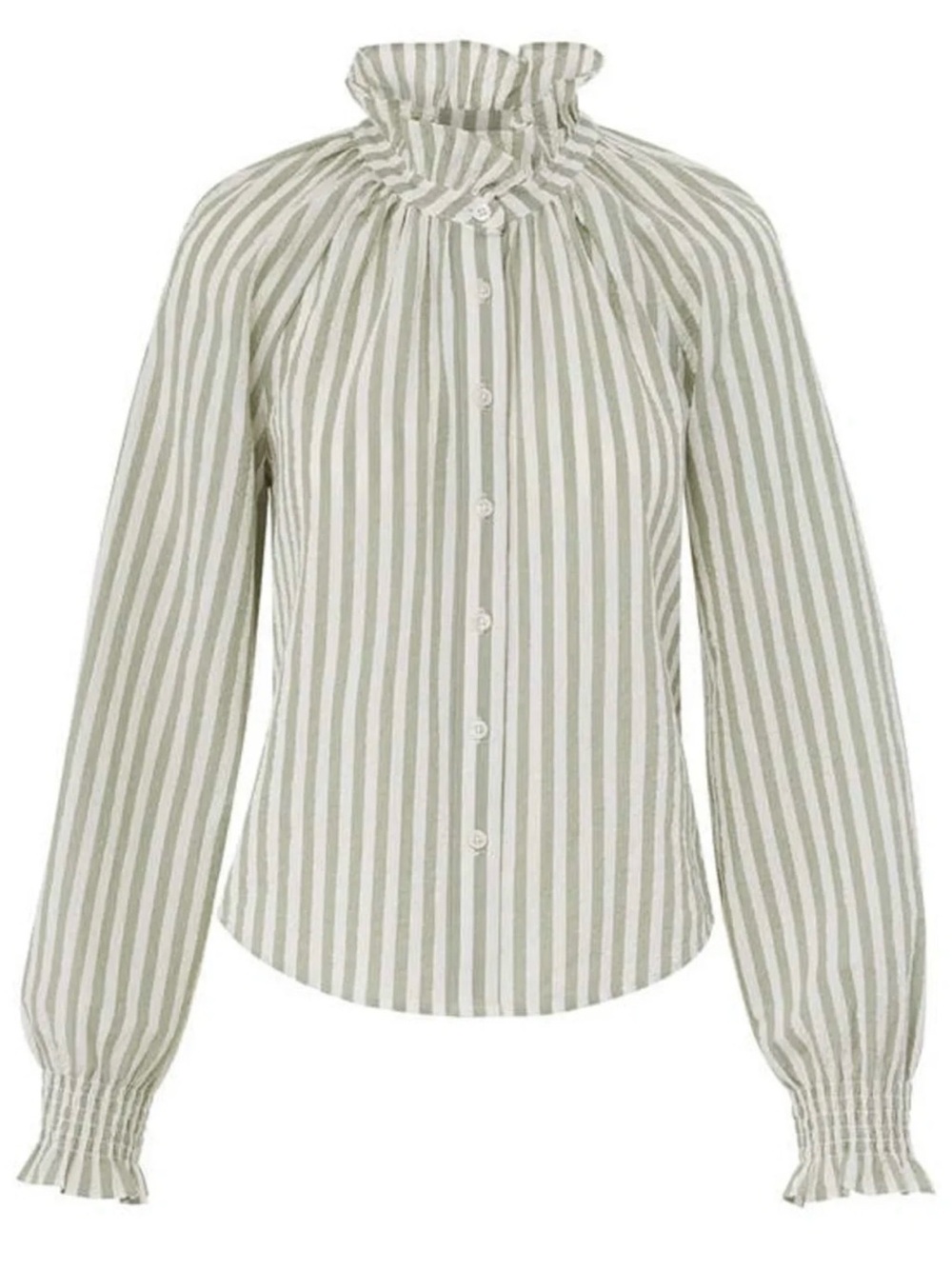 Veronica Beard Sage and White Striped Ruffle-Neck Blouse